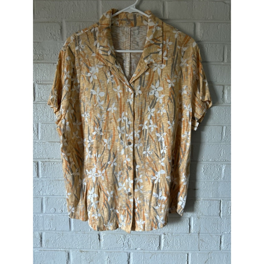 Woolrich Button Up Camp Shirt Orange Floral Cotton Cottagecore Grandma Core XL